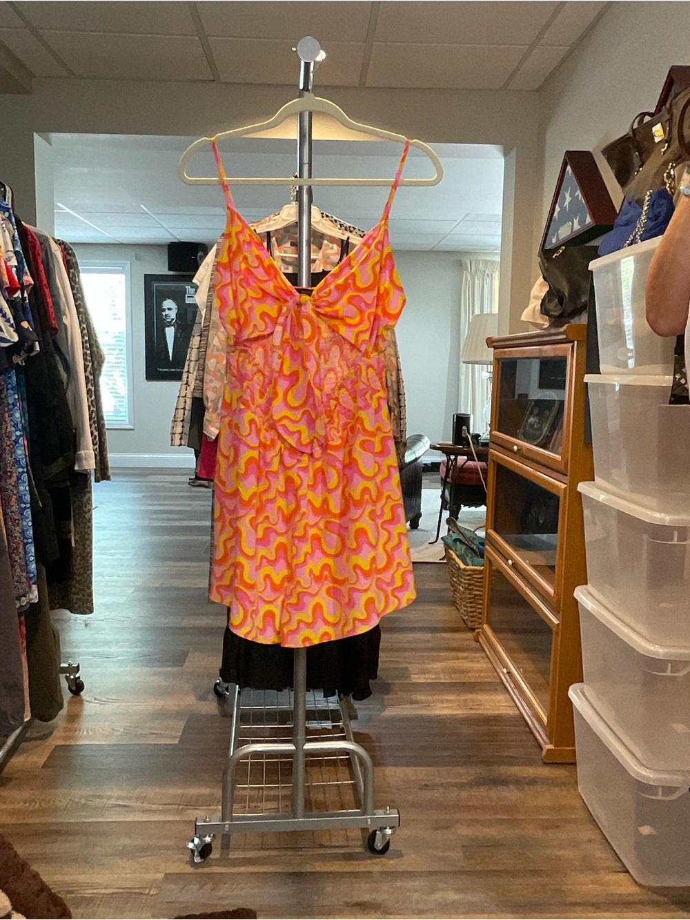 Pink & Orange Swirl Mini Dress with V-Neck
